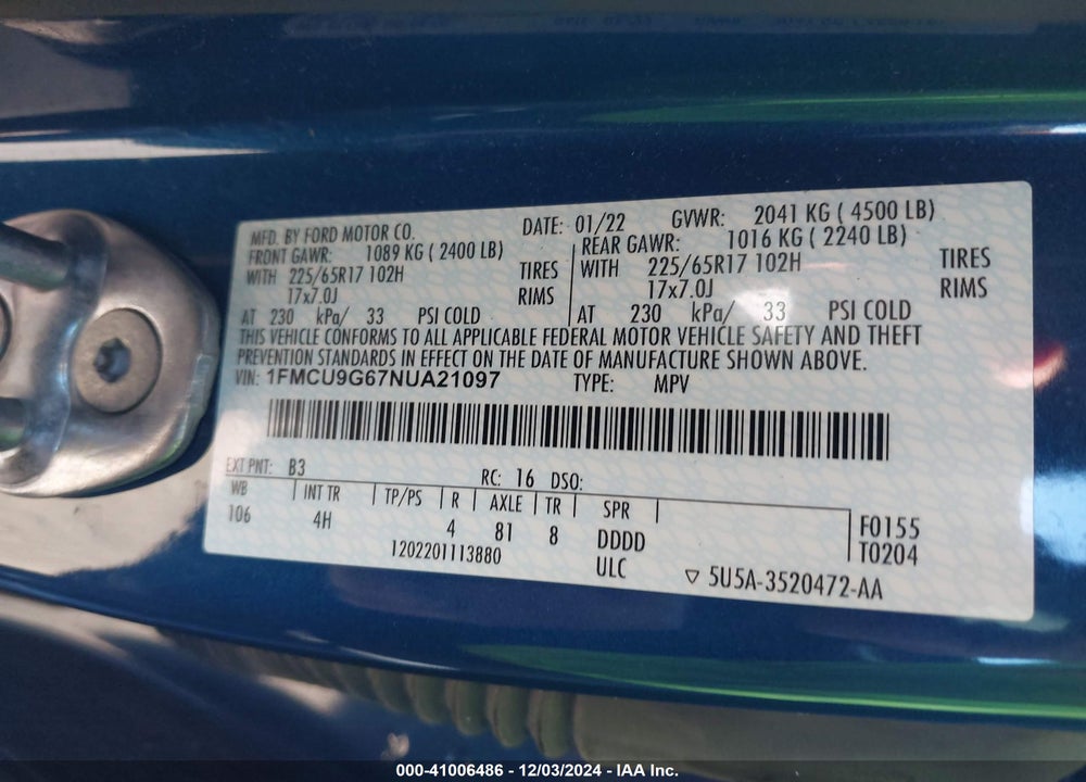 2022 FORD ESCAPE SE VIN: 1FMCU9G67NUA21097