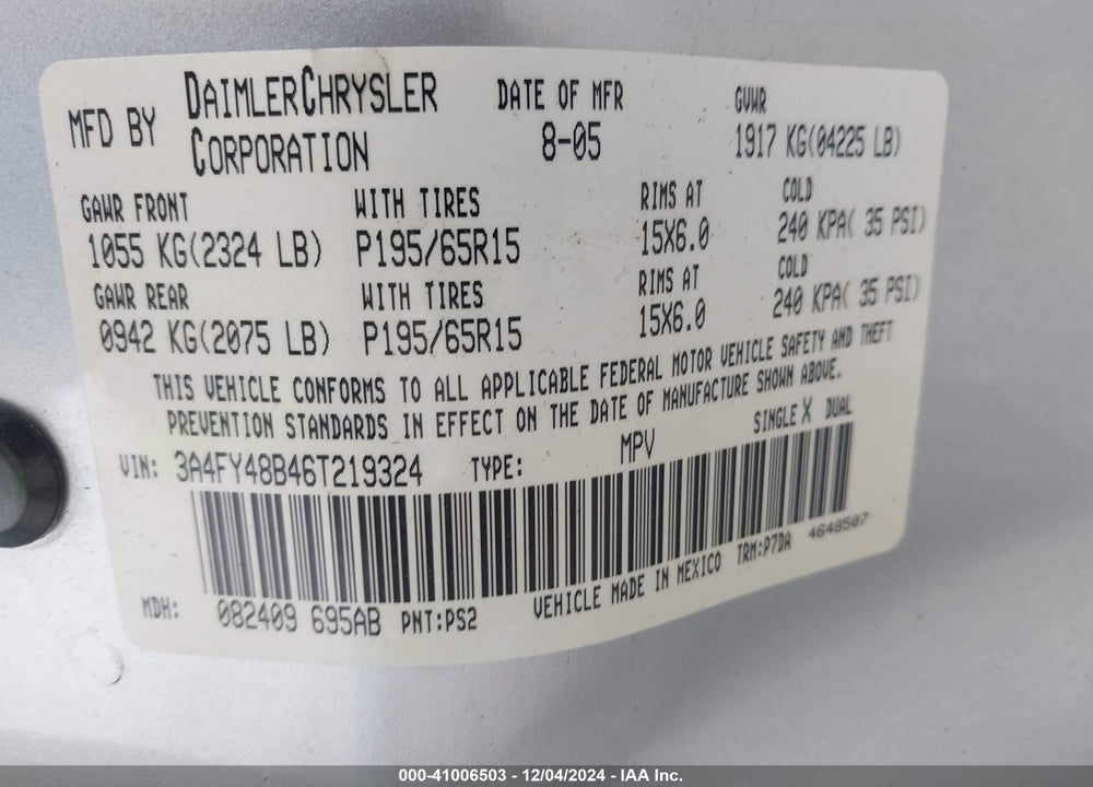 2006 CHRYSLER PT CRUISER VIN: 3A4FY48B46T219324