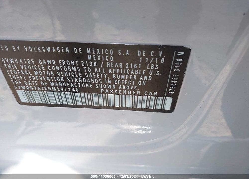 2017 VOLKSWAGEN JETTA 1.4T SE VIN: 3VWDB7AJ3HM287240