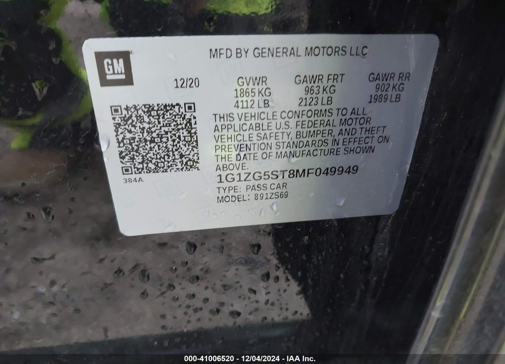 2021 CHEVROLET MALIBU VIN: 1G1ZG5ST8MF049949