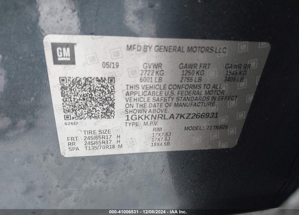2019 GMC ACADIA SLE-1 VIN: 1GKKNRLA7KZ266931