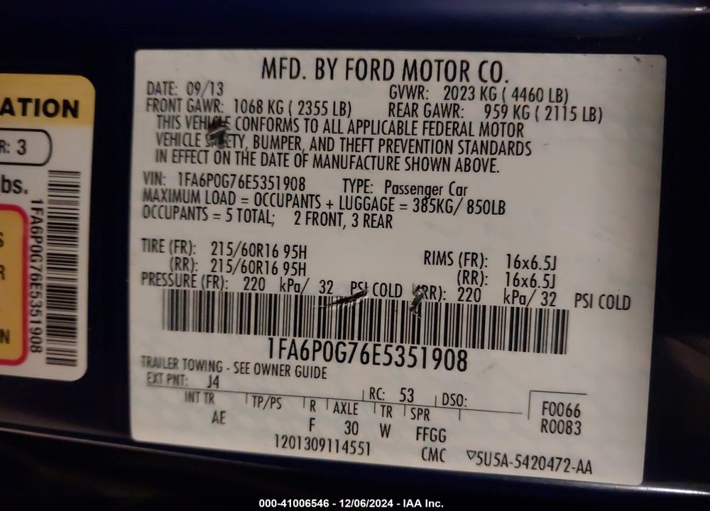 2014 FORD FUSION S VIN: 1FA6P0G76E5351908