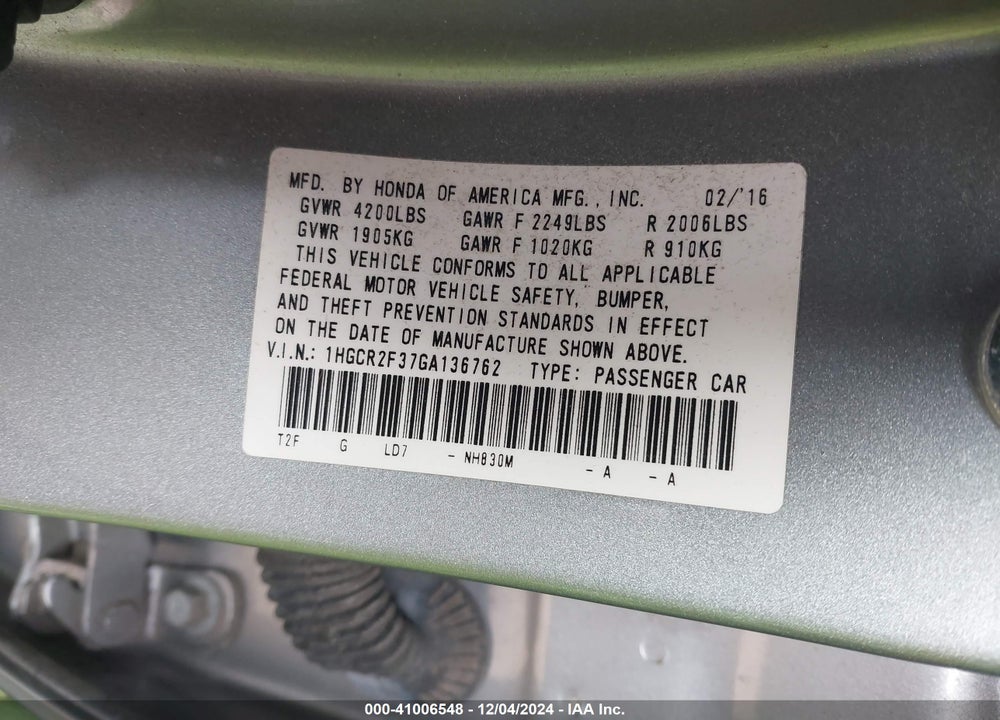 2016 HONDA ACCORD VIN: 1HGCR2F37GA136762
