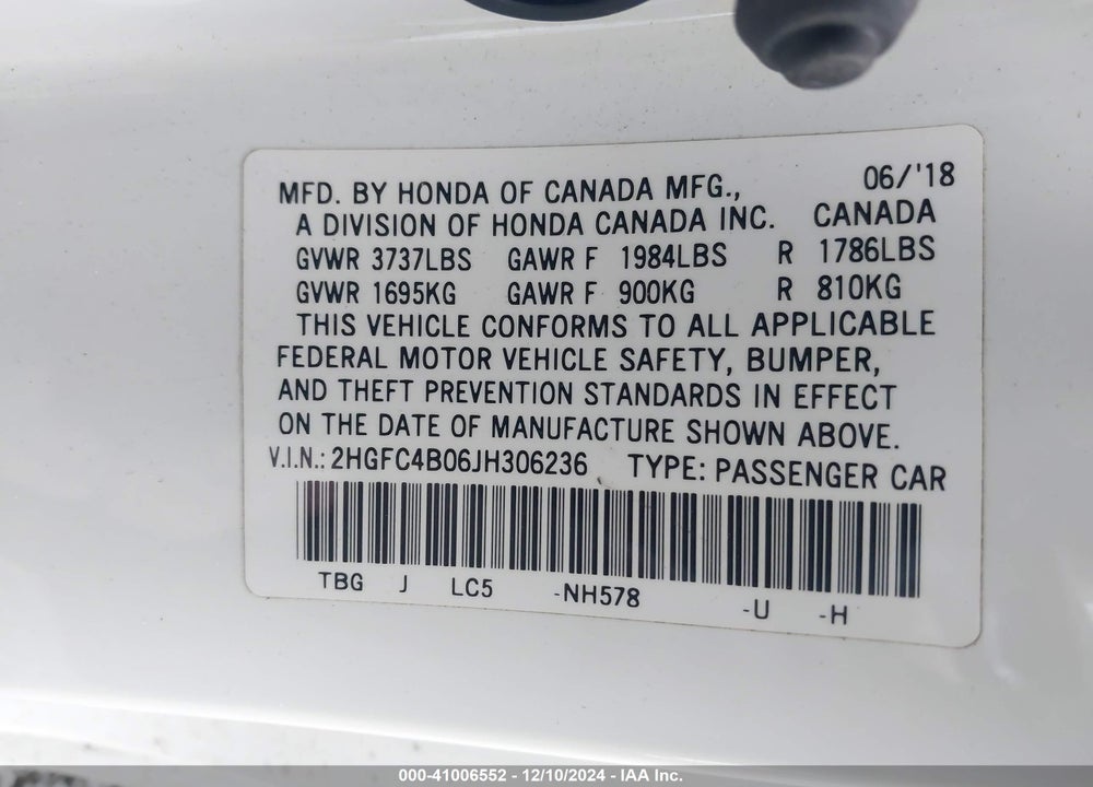 2018 HONDA CIVIC VIN: 2HGFC4B06JH306236
