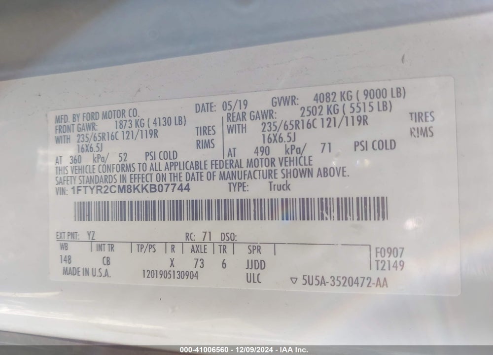 2019 FORD TRANSIT-250 VIN: 1FTYR2CM8KKB07744
