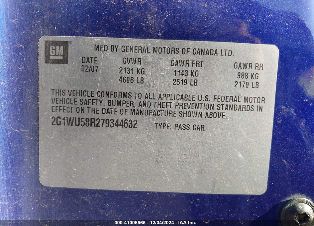 2007 CHEVROLET IMPALA LTZ VIN: 2G1WU58R279344632
