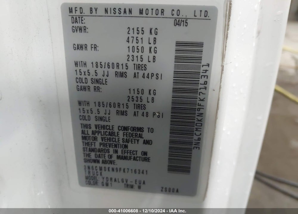 2015 NISSAN NV200 SV VIN: 3N6CM0KN9FK716341