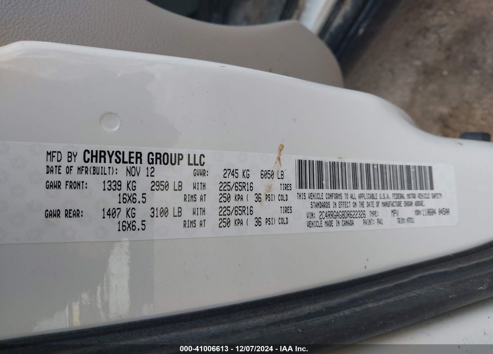 2013 RAM CARGO TRADESMAN VIN: 2C4RRGAG8DR622326