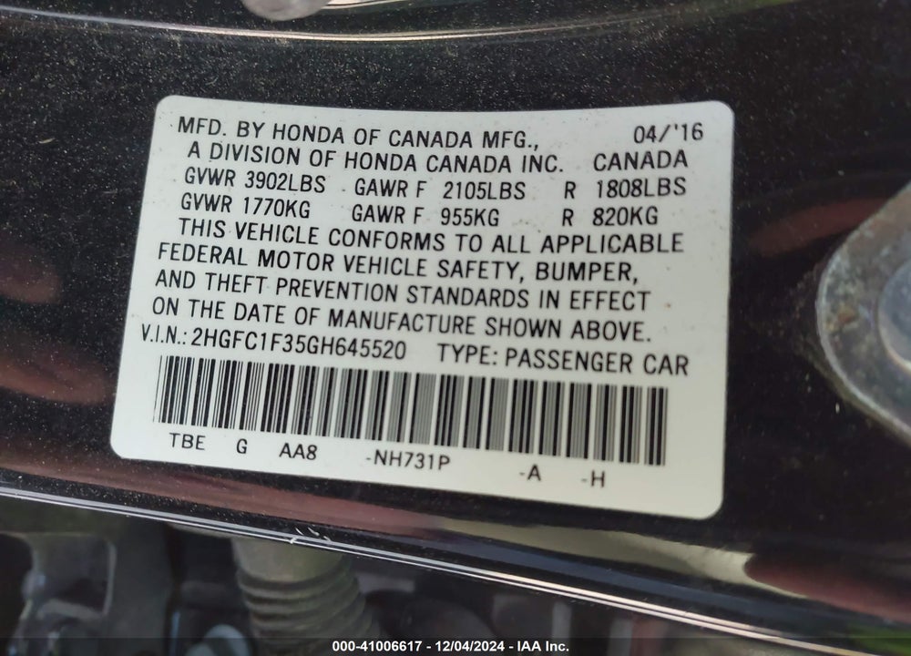 2016 HONDA CIVIC EX-T VIN: 2HGFC1F35GH645520
