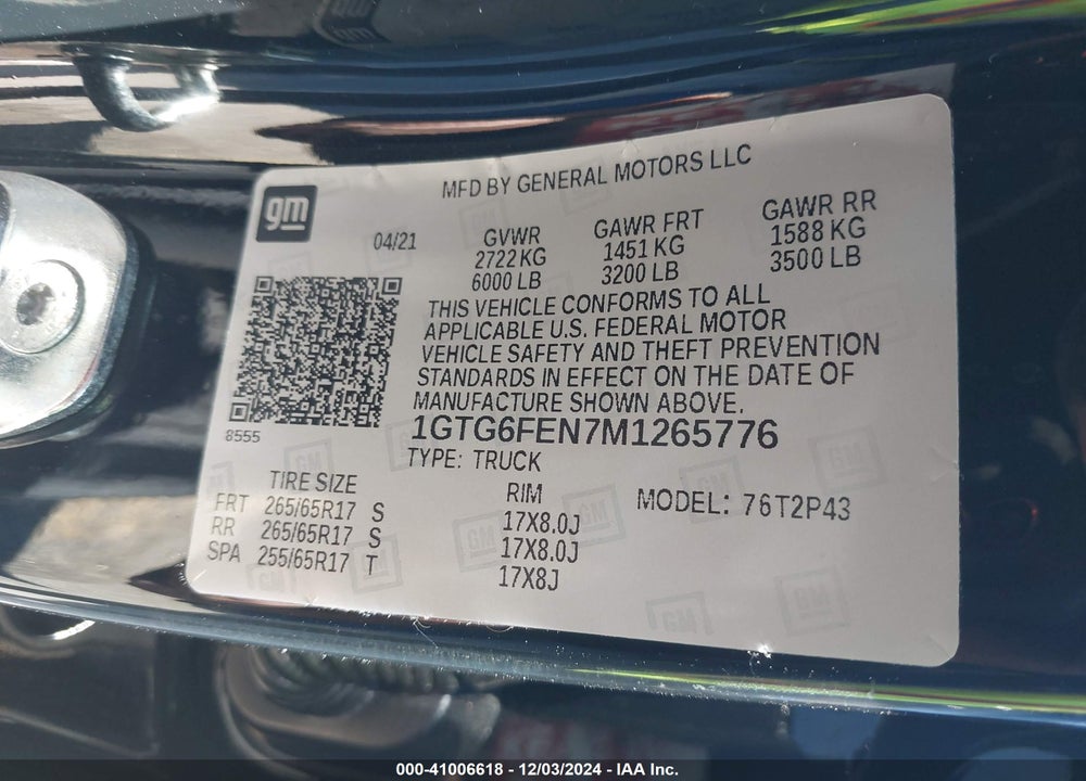 2021 GMC CANYON 4WD SHORT BOX AT4 - LEATHER VIN: 1GTG6FEN7M1265776