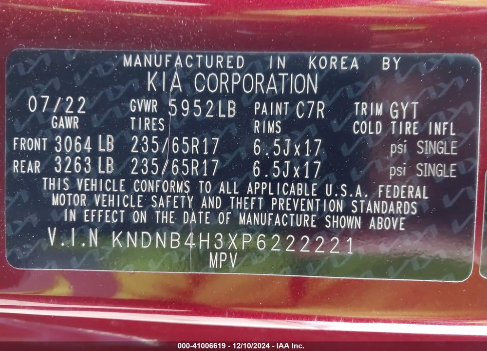 2023 KIA CARNIVAL MPV LX SEAT PACKAGE VIN: KNDNB4H3XP6222221
