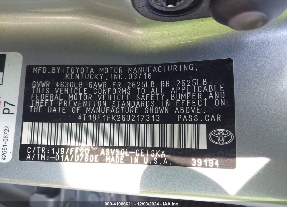 2016 TOYOTA CAMRY SE VIN: 4T1BF1FK2GU217313