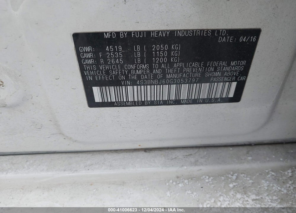 2016 SUBARU LEGACY 2.5I LIMITED VIN: 4S3BNBJ60G3053797