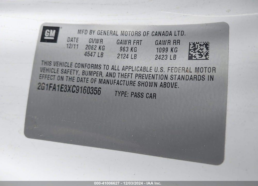 2012 CHEVROLET CAMARO 2LS VIN: 2G1FA1E3XC9160356