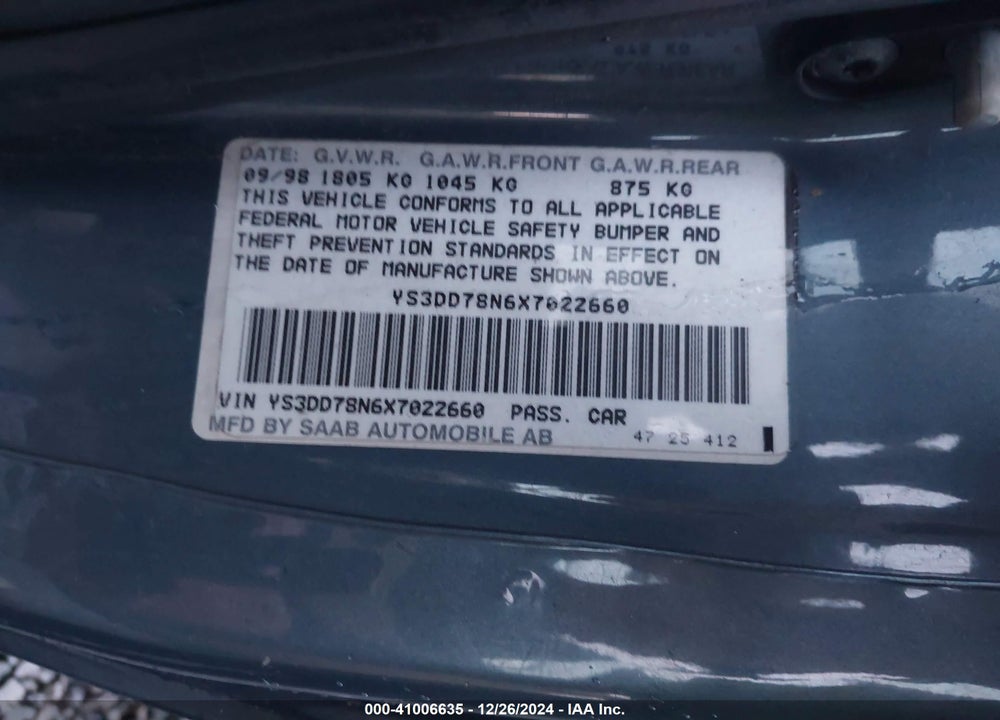 1999 SAAB 9 3 VIN: YS3DD78N6X7022660