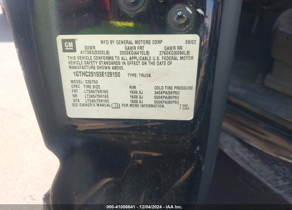 2003 GMC SIERRA 2500HD SLE VIN: 1GTHC29193E128150