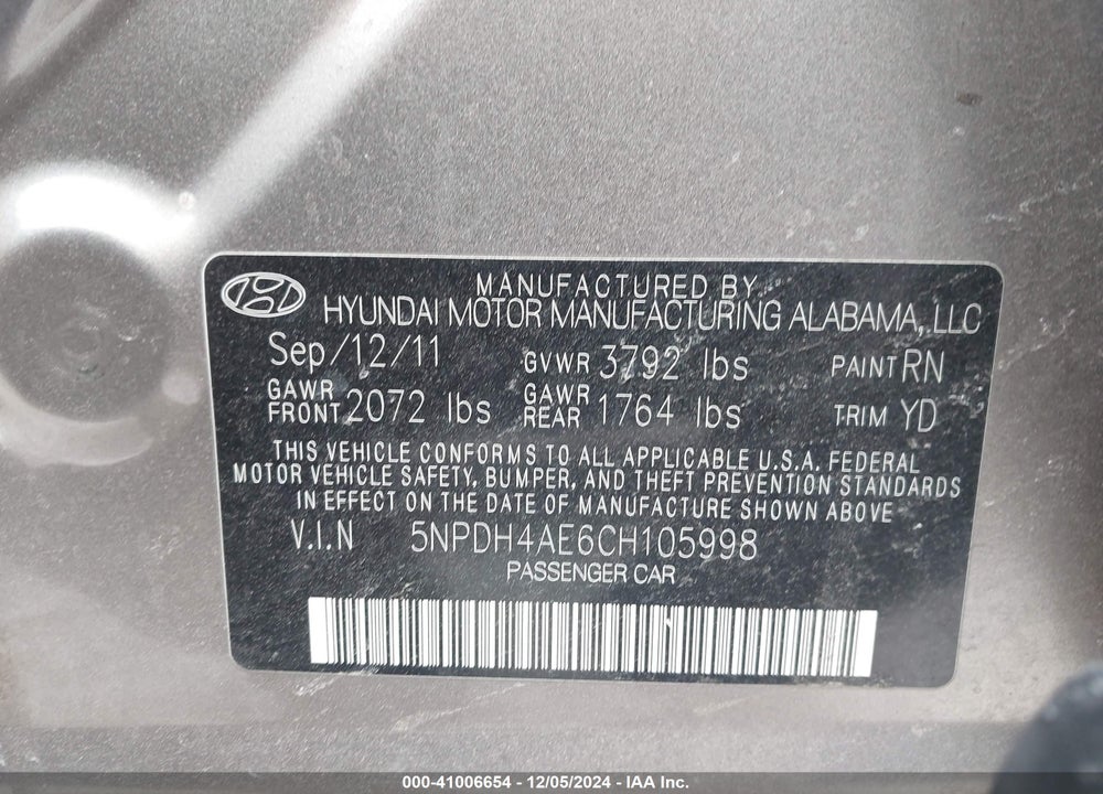 2012 HYUNDAI ELANTRA LIMITED VIN: 5NPDH4AE6CH105998