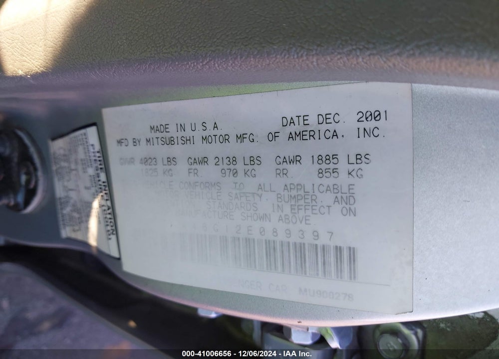 2002 MITSUBISHI GALANT ES/LS VIN: 4A3AA46G12E089397