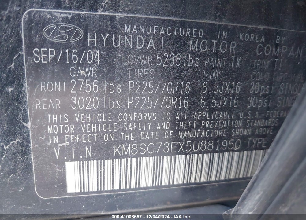 2005 HYUNDAI SANTA FE GLS/LX VIN: KM8SC73EX5U881950