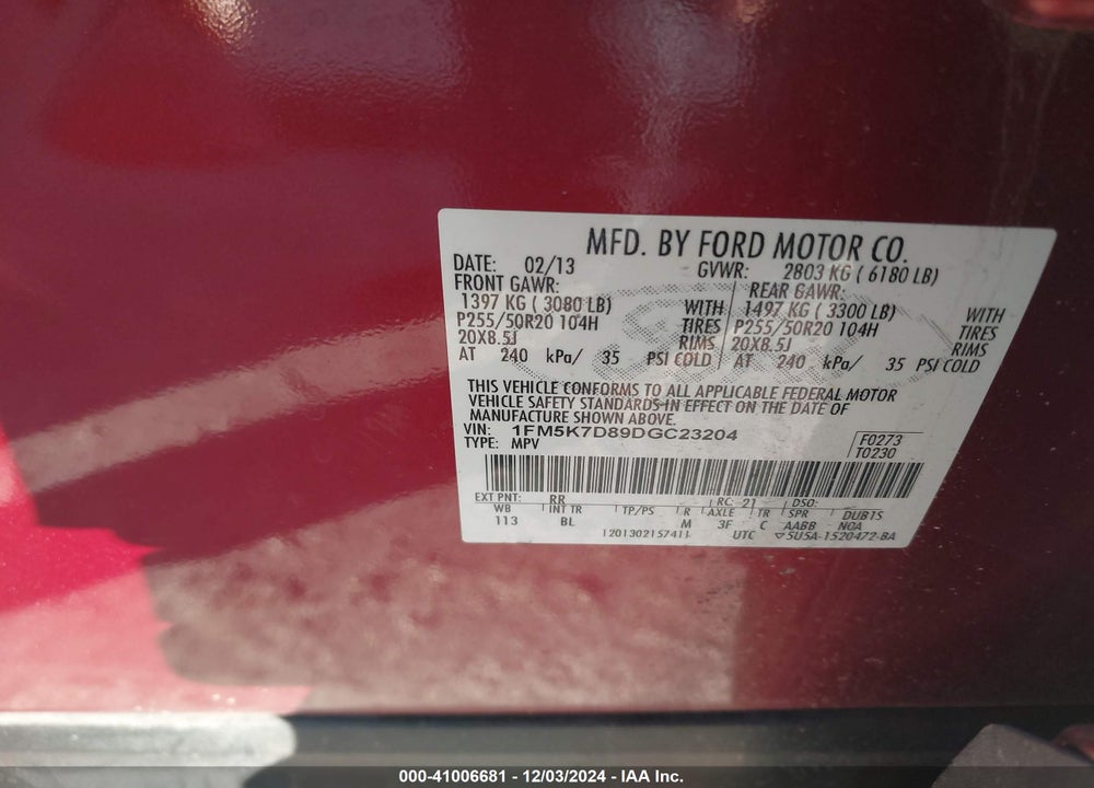 2013 FORD EXPLORER XLT VIN: 1FM5K7D89DGC23204