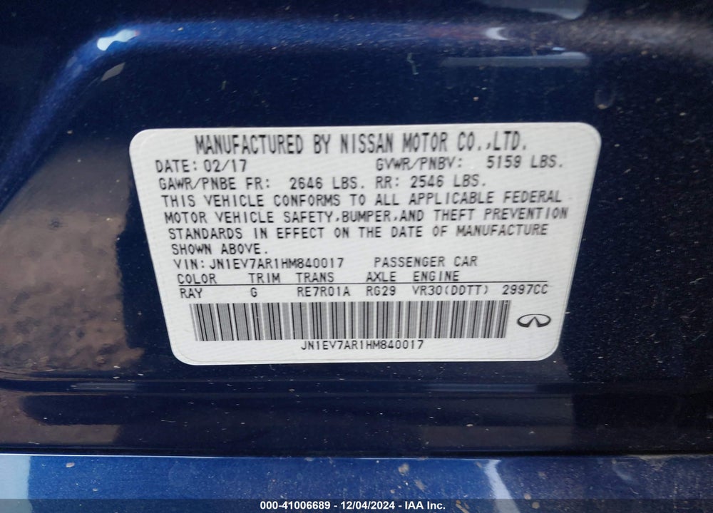 2017 INFINITI Q50 VIN: JN1EV7AR1HM840017