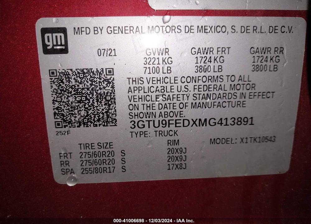 2021 GMC SIERRA 1500 4WD SHORT BOX DENALI VIN: 3GTU9FEDXMG413891