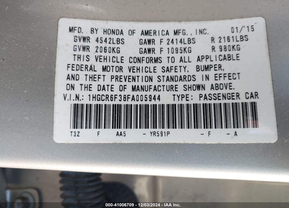 2015 HONDA ACCORD HYBRID VIN: 1HGCR6F38FA005944
