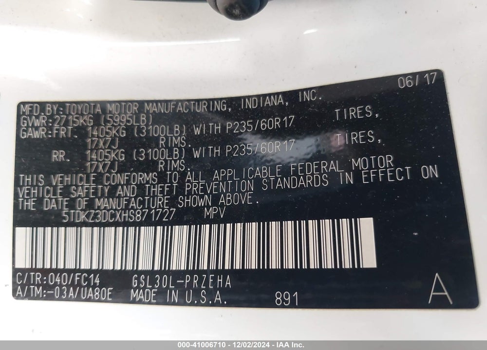 2017 TOYOTA SIENNA LE 8 PASSENGER VIN: 5TDKZ3DCXHS871727
