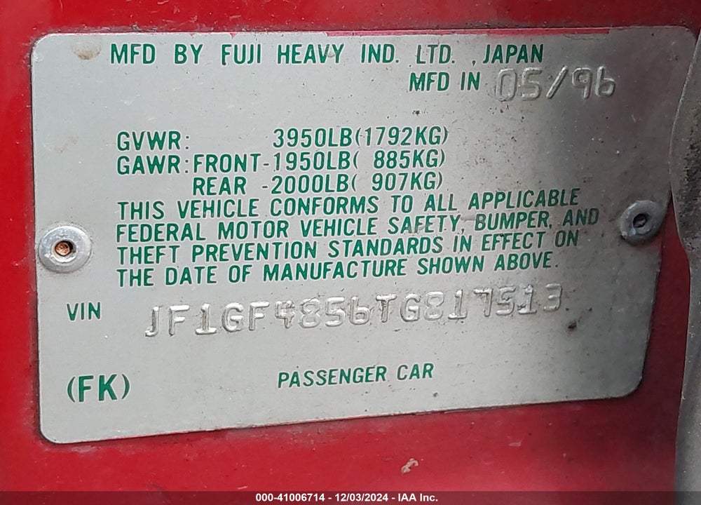 1996 SUBARU IMPREZA OUTBACK VIN: JF1GF4856TG817513