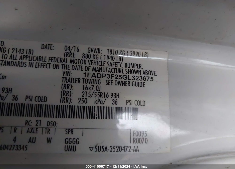 2016 FORD FOCUS SE VIN: 1FADP3F25GL323675