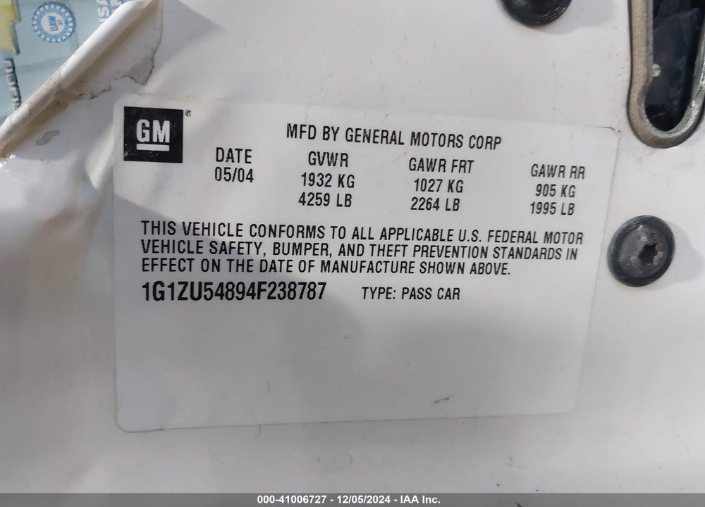 2004 CHEVROLET MALIBU LT VIN: 1G1ZU54894F238787