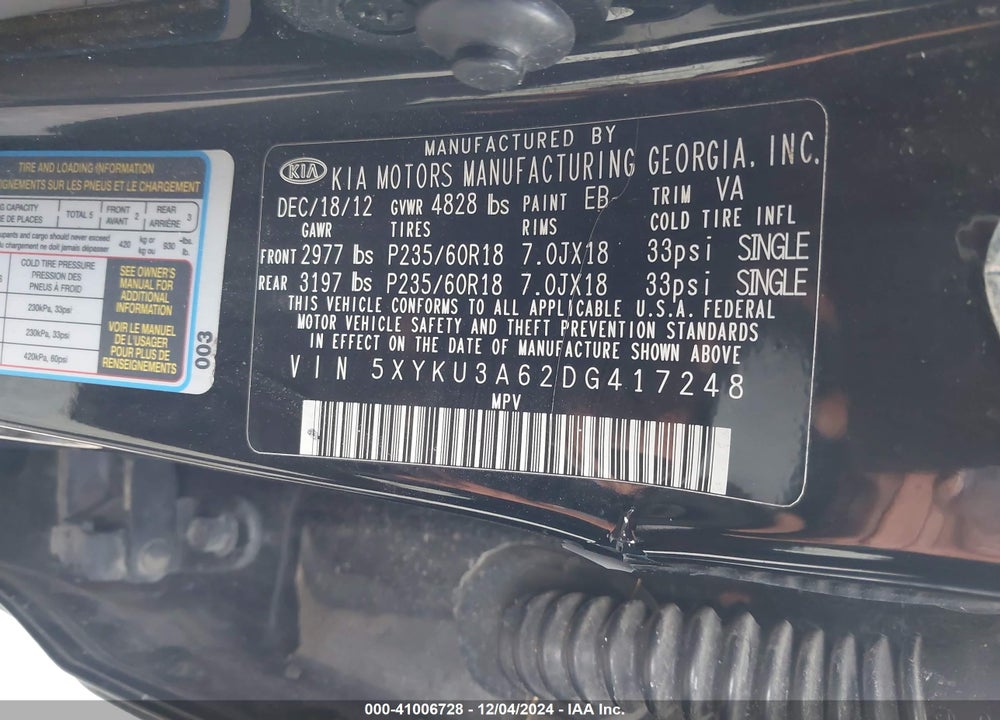 2013 KIA SORENTO EX VIN: 5XYKU3A62DG417248