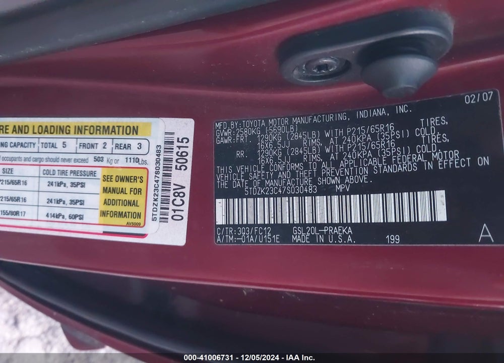 2007 TOYOTA SIENNA LE VIN: 5TDZK23C47S030483