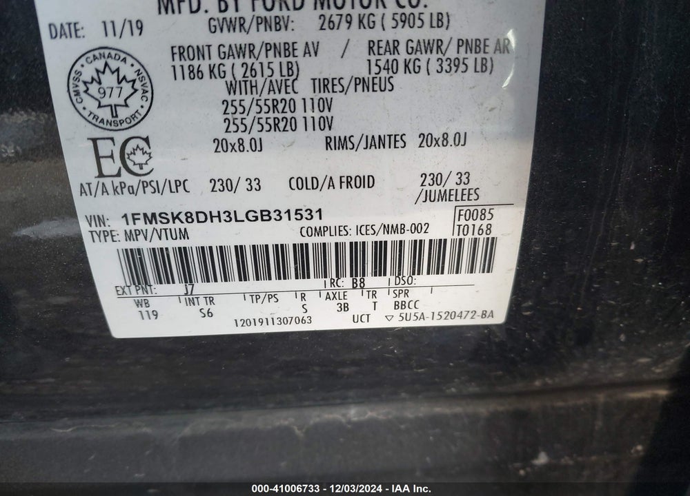 2020 FORD EXPLORER XLT VIN: 1FMSK8DH3LGB31531
