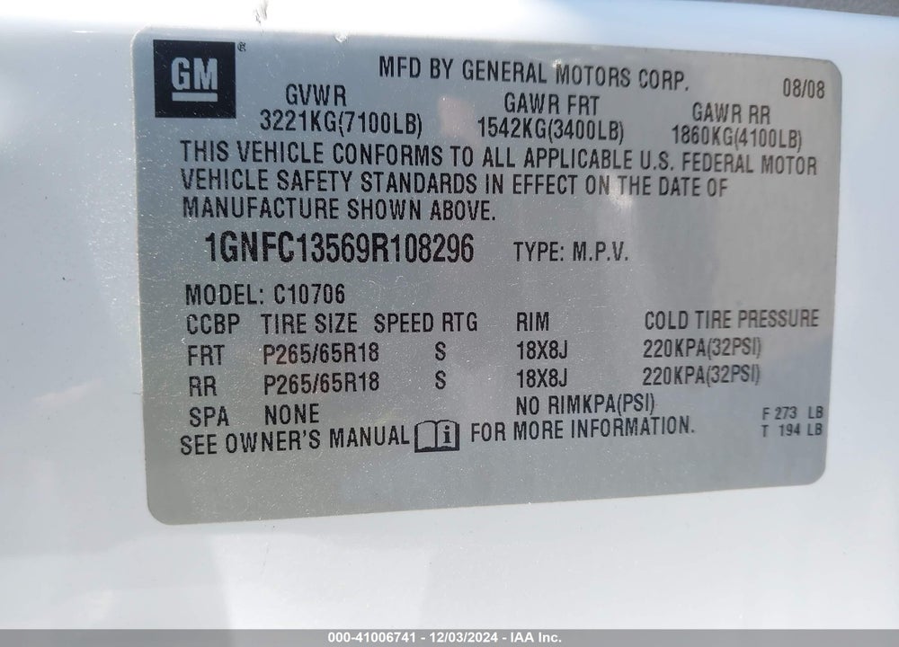 2009 CHEVROLET TAHOE HYBRID VIN: 1GNFC13569R108296
