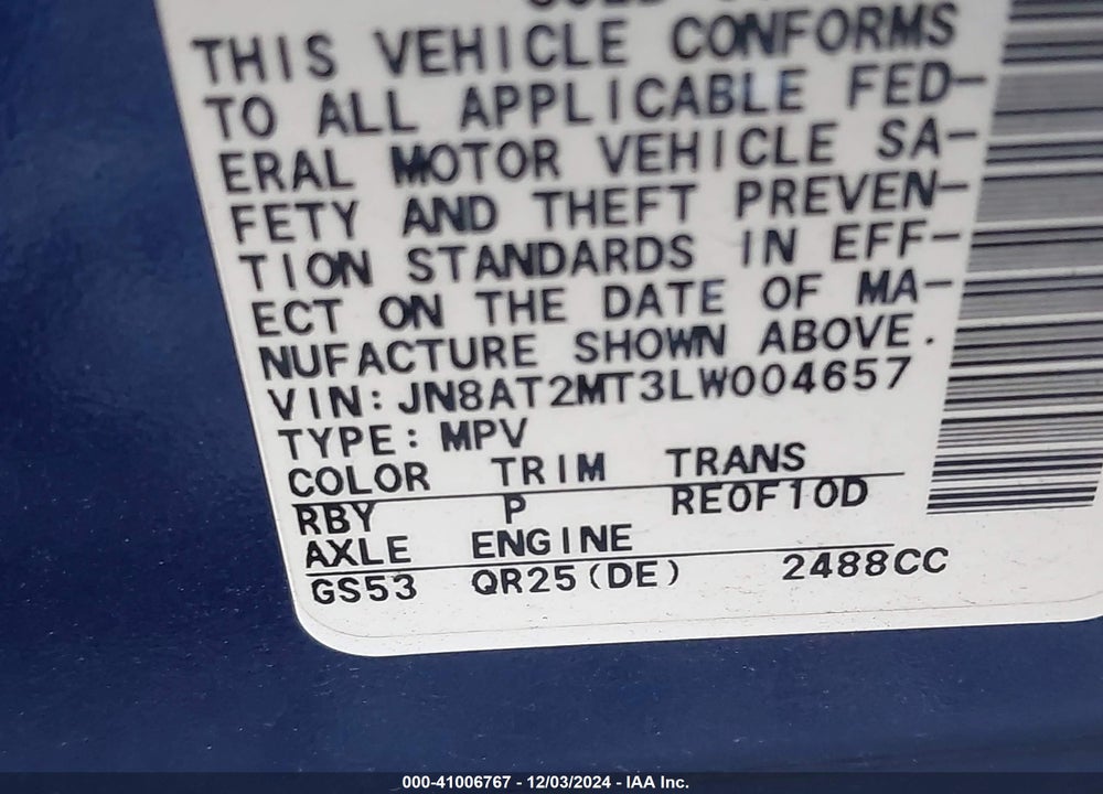 2020 NISSAN ROGUE SV FWD VIN: JN8AT2MT3LW004657