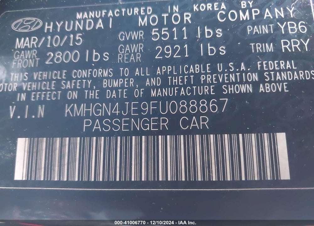 2015 HYUNDAI GENESIS 3.8 VIN: KMHGN4JE9FU088867