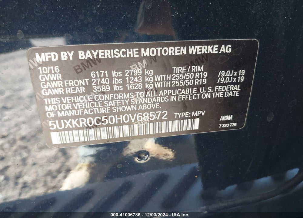 2017 BMW X5 XDRIVE35I VIN: 5UXKR0C50H0V68572