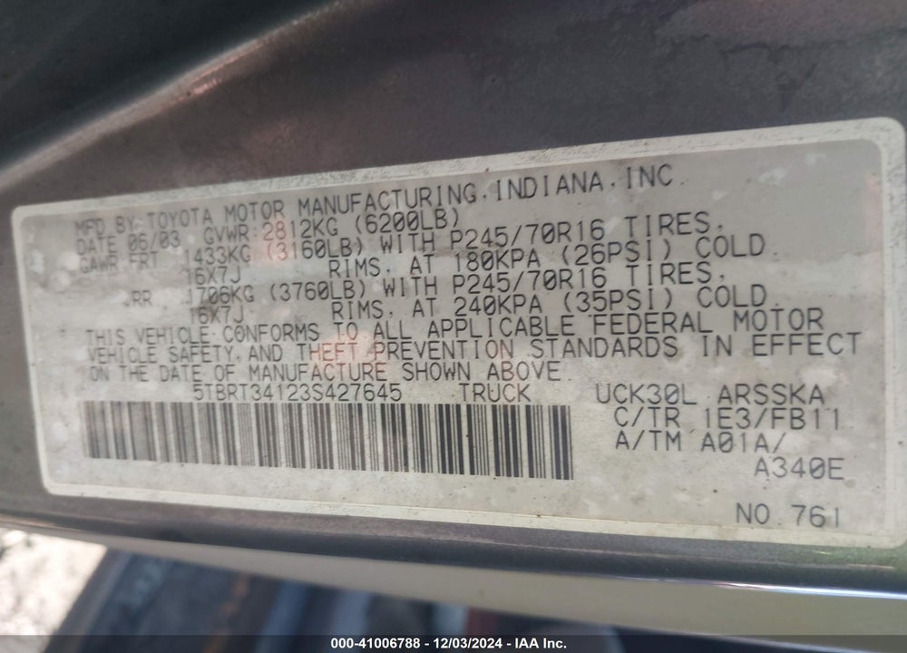 2003 TOYOTA TUNDRA SR5 V8 VIN: 5TBRT34123S427645