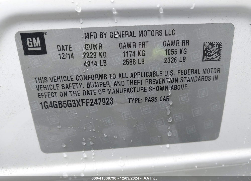 2015 BUICK LACROSSE VIN: 1G4GB5G3XFF247923