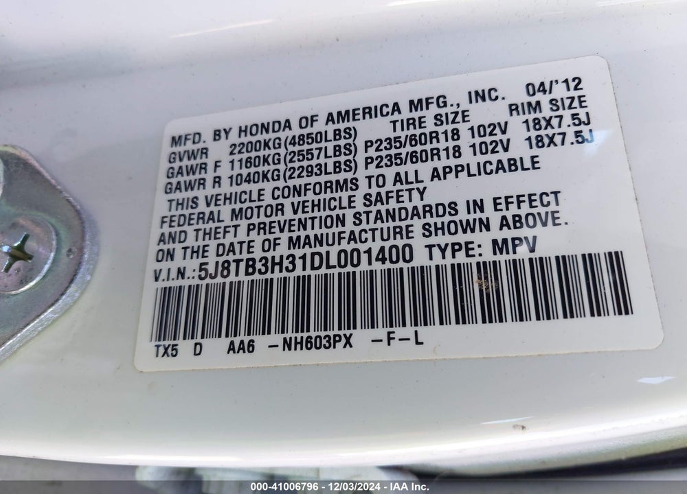 2013 ACURA RDX VIN: 5J8TB3H31DL001400