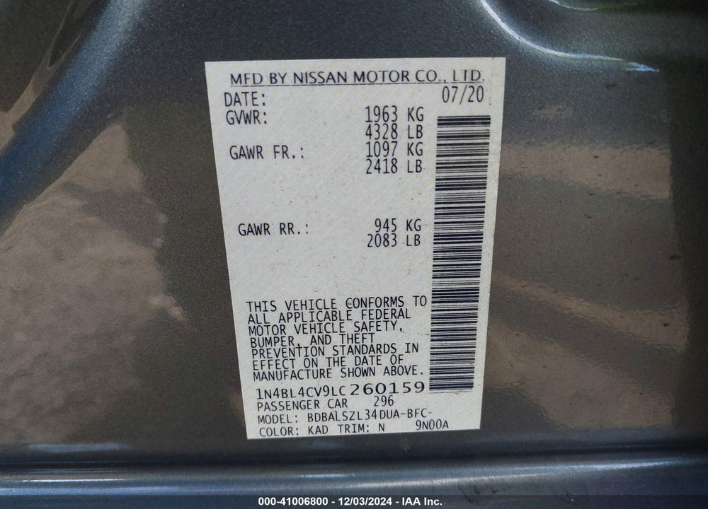 2020 NISSAN ALTIMA SR FWD VIN: 1N4BL4CV9LC260159