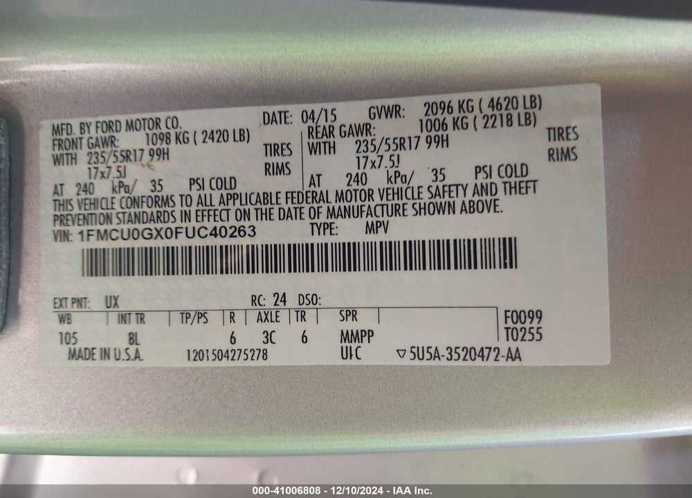 2015 FORD ESCAPE SE VIN: 1FMCU0GX0FUC40263