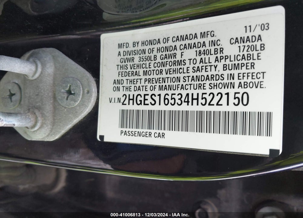 2004 HONDA CIVIC LX VIN: 2HGES16534H522150