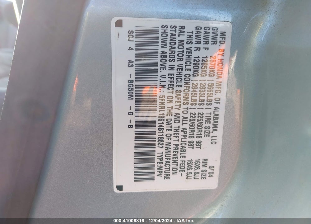 2004 HONDA ODYSSEY EX VIN: 5FNRL18614B118627