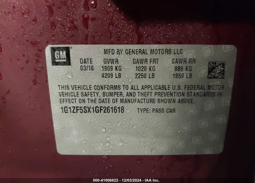 2016 CHEVROLET MALIBU 2LT VIN: 1G1ZF5SX1GF261618