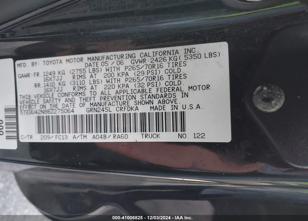 2006 TOYOTA TACOMA ACCESS CAB VIN: 5TEUU42N86Z275064