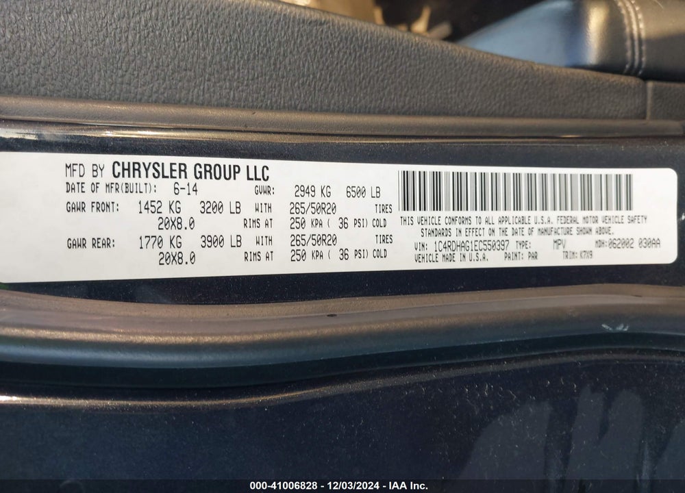 2014 DODGE DURANGO SXT VIN: 1C4RDHAG1EC550397