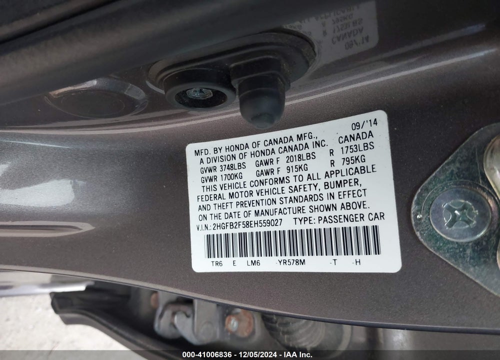 2014 HONDA CIVIC VIN: 2HGFB2F58EH559027