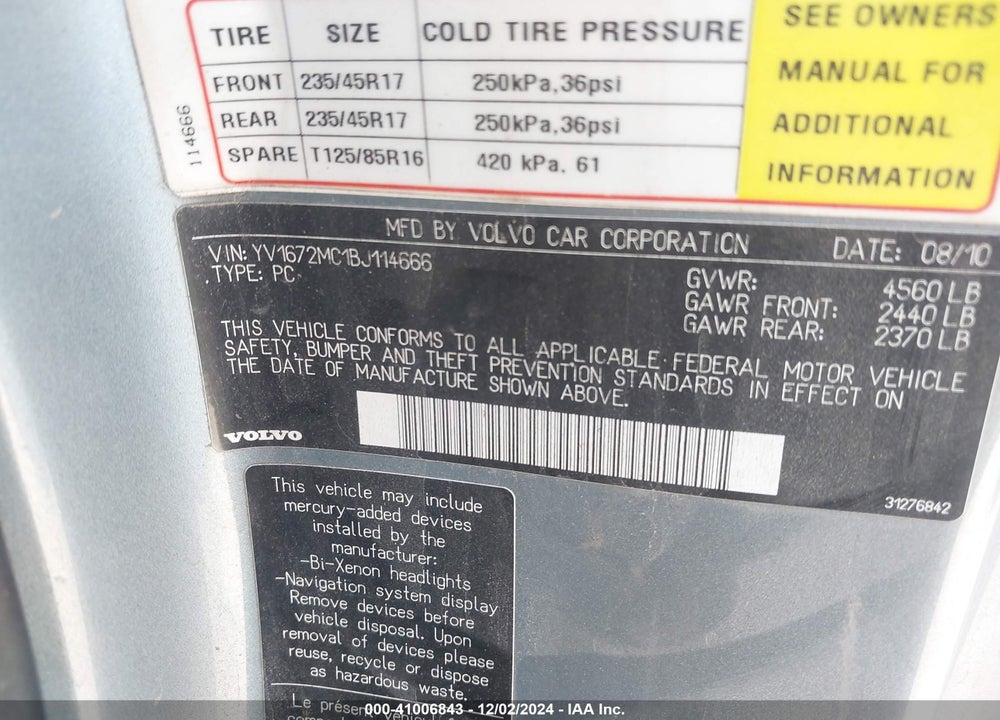 2011 VOLVO C70 T5 VIN: YV1672MC1BJ114666